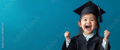 A young girl in a graduation gown and cap, with a joyous expression and raised fists, symbolizes achievement, education, childhood, and the future.