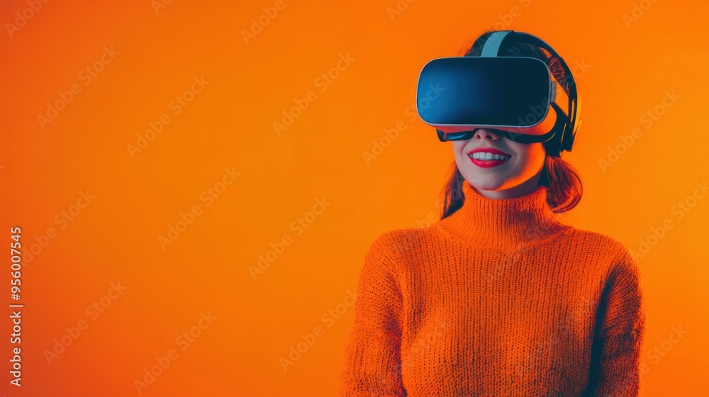 minimal concept of a hipster woman kid smile wearing a VR headset photographed minimal concept of a hipster woman kid smile wearing a VR headset photographed