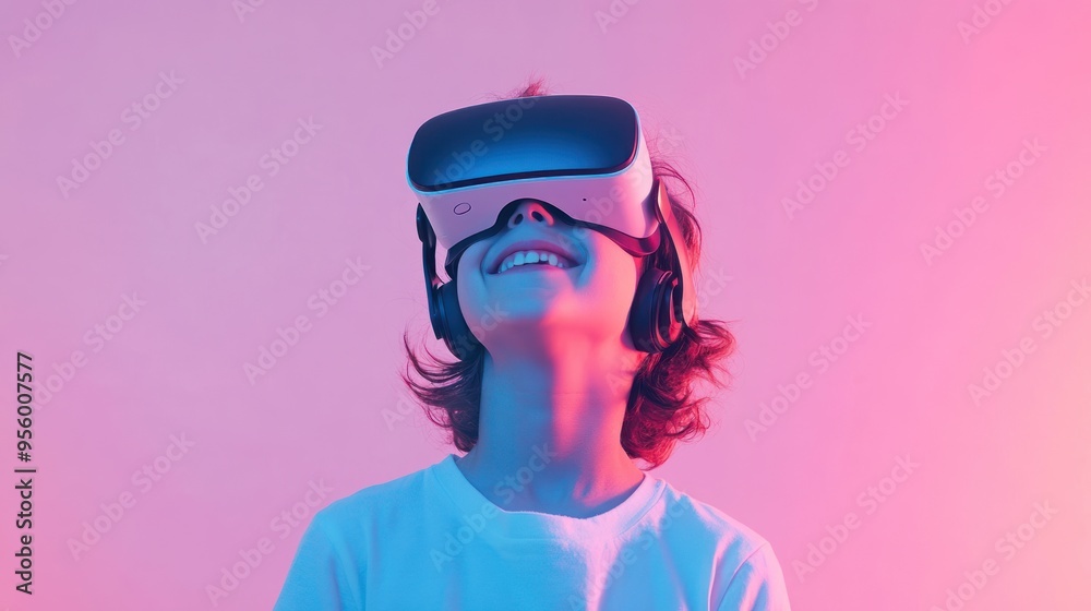 A joyful hipster child explores virtual worlds wearing a VR headset under pastel-colored lighting in a contemporary setting A joyful hipster child explores virtual worlds wearing a VR headset under pastel-colored lighting in a contemporary setting