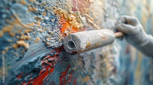  A close-up reveals a painters hand clad in a white