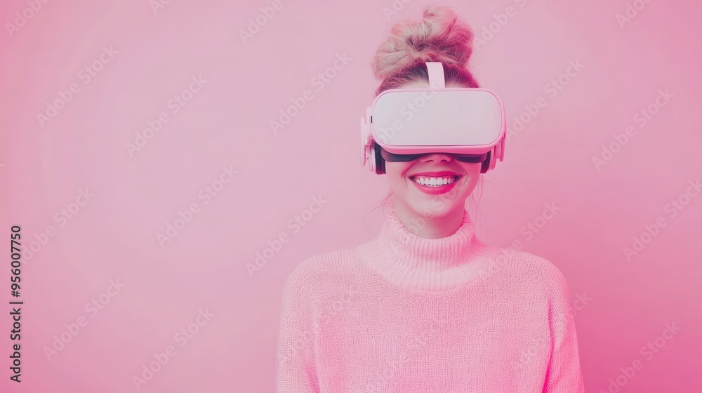 A joyful hipster girl experiences virtual reality bliss with a playful smile against a vibrant pastel backdrop A joyful hipster girl experiences virtual reality bliss with a playful smile against a vibrant pastel backdrop