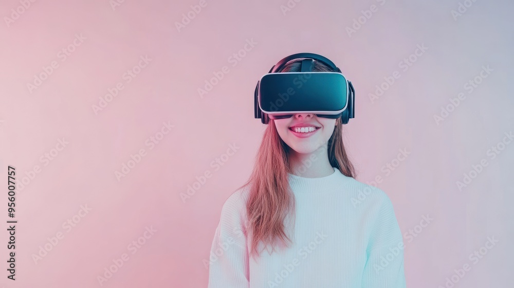 A joyful hipster girl experiences virtual reality bliss with a playful smile against a vibrant pastel backdrop A joyful hipster girl experiences virtual reality bliss with a playful smile against a vibrant pastel backdrop