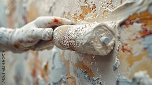 A close-up reveals a painters hand clad in a white
