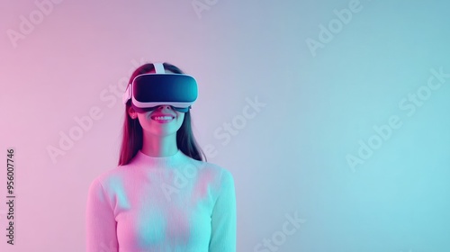 A joyful hipster girl experiences virtual reality bliss with a playful smile against a vibrant pastel backdrop