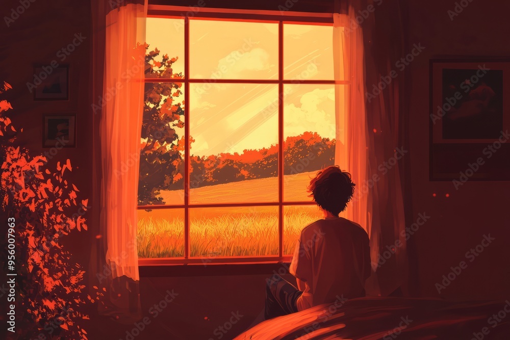 Gazing out a window at a serene, sun-drenched field, with a comforting, warm light spilling into the room. Cozy vibe, Generative AI Gazing out a window at a serene, sun-drenched field, with a comforting, warm light spilling into the room. Cozy vibe, Generative AI