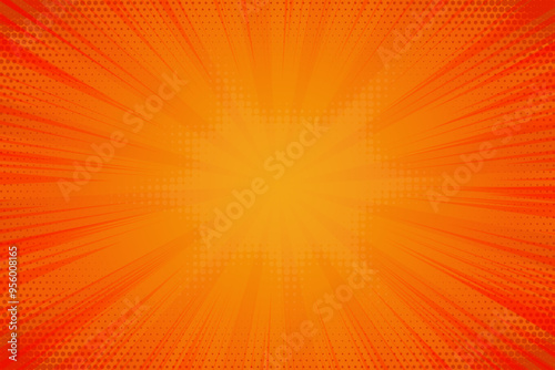 Comic yellow cartoon background. Orange pop art sunburst vector pattern. Vintage halftone effect wallpaper. Manga book textured explosion on shiny gradient