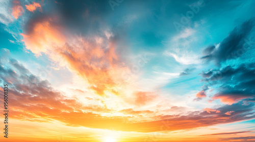 Fantasy vibrant panoramic sunset sky Gradient rich colors ethereal dreamy summer sunset or sunrise sky Uplifting and peaceful sky blue orange yellow vibrant rich colors