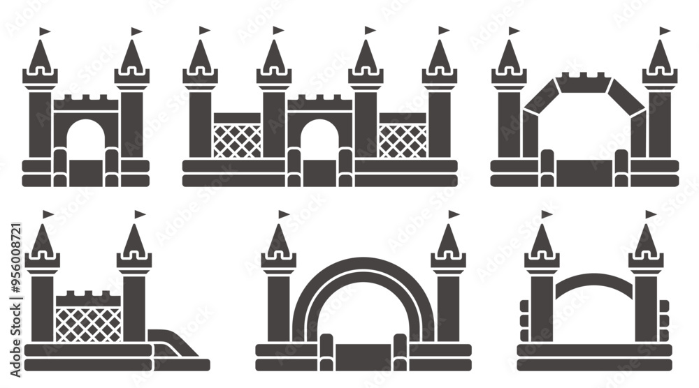 Bouncy castle icons set. Inflatable house pictograms with slide for air trampoline park and children playground. Inflated equipment for amusement park and kids zone. Vector glyph illustration Bouncy castle icons set. Inflatable house pictograms with slide for air trampoline park and children playground. Inflated equipment for amusement park and kids zone. Vector glyph illustration