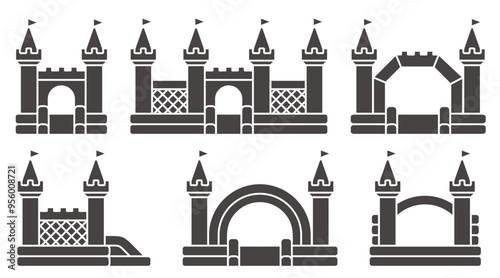 Bouncy castle icons set. Inflatable house pictograms with slide for air trampoline park and children playground. Inflated equipment for amusement park and kids zone. Vector glyph illustration
