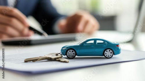 Man signing car insurance document or lease paper. Writing signature on contract or agreement. Buying or selling new or used vehicles. Car keys on table. Warranty or guarantee. Customer or salesman.