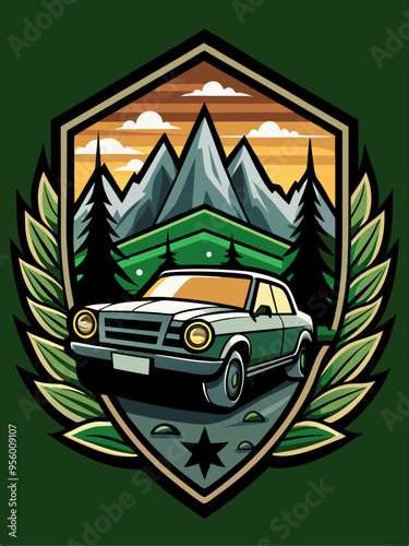 Vintage Car Adorned with Mountain Landscape and Foliage