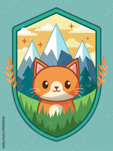 Cute Orange Cat in a Mountain Landscape Badge