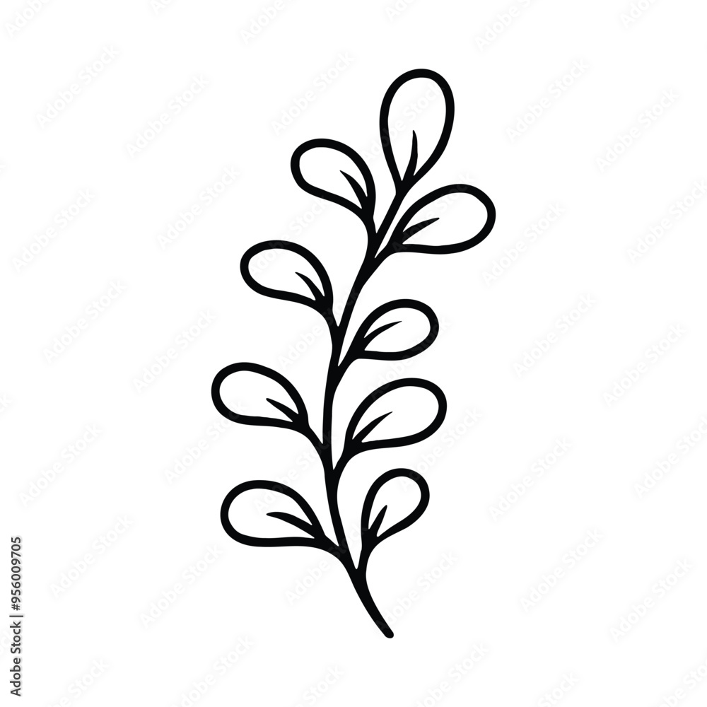 A minimalist black and white line drawing of a leafy branch with multiple rounded leaves along a central stem. A minimalist black and white line drawing of a leafy branch with multiple rounded leaves along a central stem.