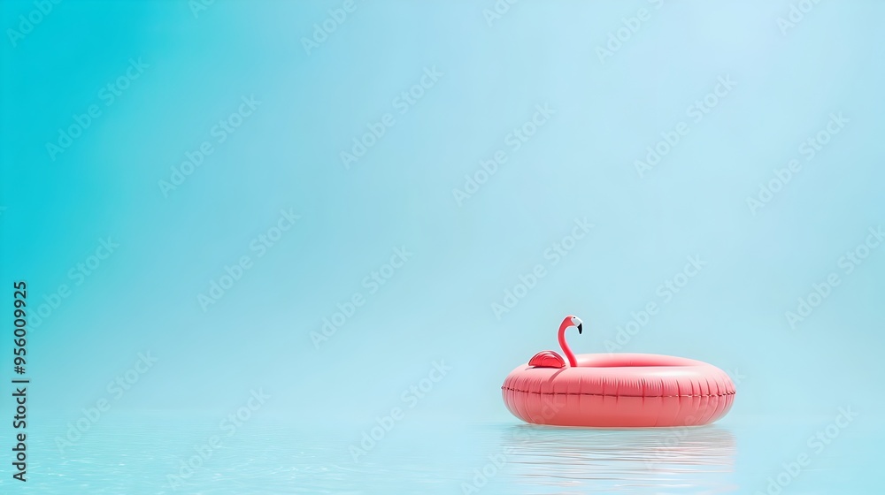 Inflatable Flamingo Ring Floating on Serene Ocean Surface with Ample Text Space Inflatable Flamingo Ring Floating on Serene Ocean Surface with Ample Text Space
