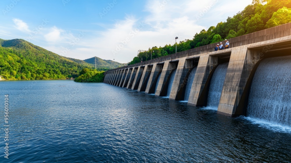 hydroelectric dam power generation with water flowing over spillway and view of forested hills. hydroelectric dam power generation with water flowing over spillway and view of forested hills.