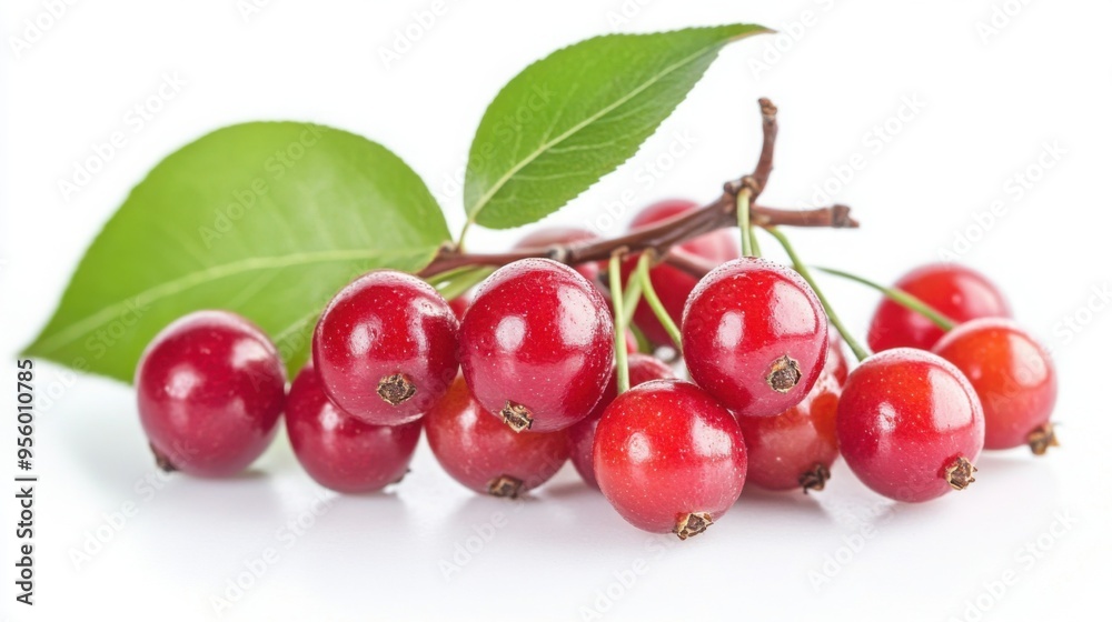 A bunch of red cherries with green leaves on a white background A bunch of red cherries with green leaves on a white background