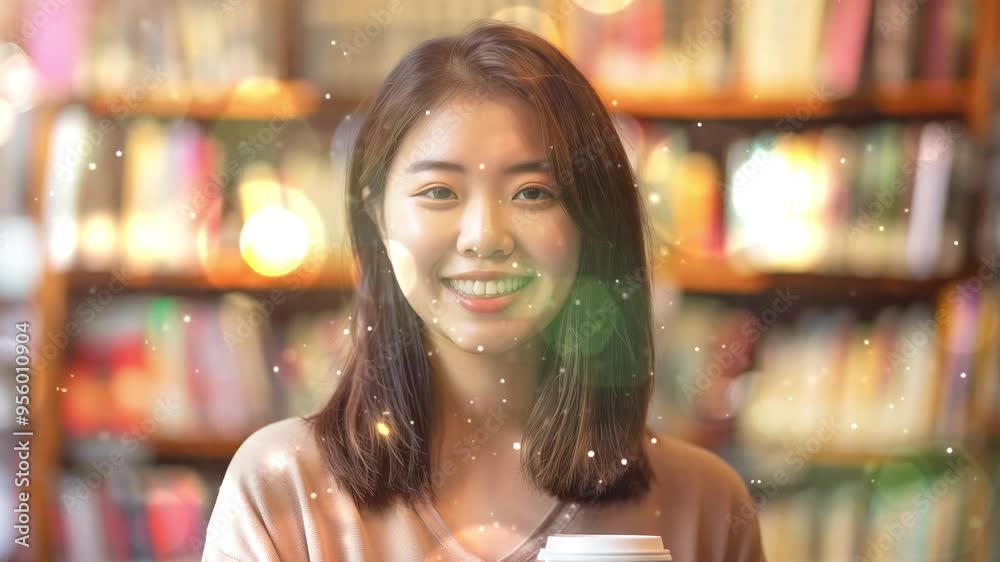 portrait of smiling woman with books on library seamless looping overlay 4k virtual video animation background portrait of smiling woman with books on library seamless looping overlay 4k virtual video animation background