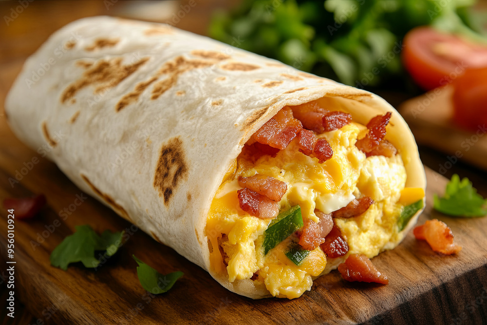 Breakfast burrito filled with eggs, cheese, and bacon Breakfast burrito filled with eggs, cheese, and bacon
