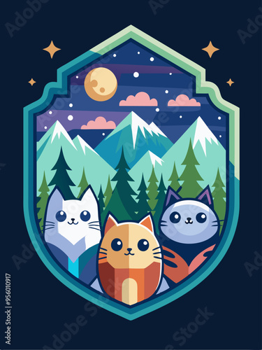 Three Cats Admire a Mountain Range Under a Night Sky