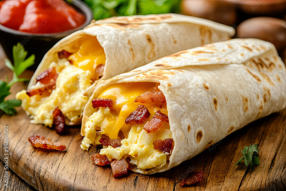 Breakfast burrito filled with eggs, cheese, and bacon Breakfast burrito filled with eggs, cheese, and bacon