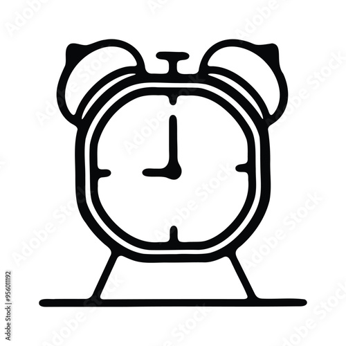 A straightforward black and white outline of a classic alarm clock, featuring two bells on top and a simple clock face.