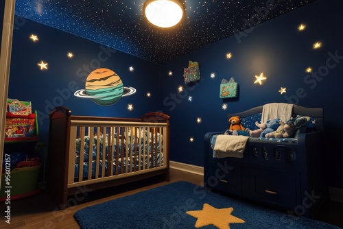 Fototapeta Naklejka Na Ścianę i Meble -  A cozy children's room with a space theme, featuring stars and a planet mural.
