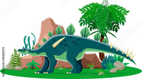 Lexovisaurus prehistoric dinosaur character. Isolated cartoon vector dino with row of plates along its back and spiked tail, stands near lush tropical vegetation. Herbivore of Middle Jurassic period