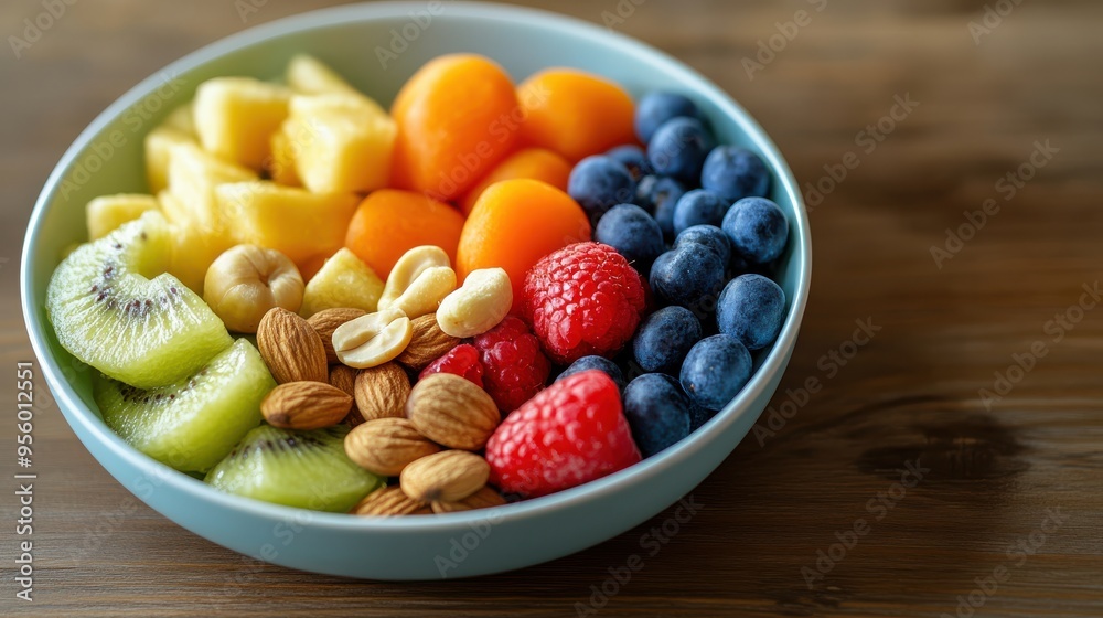 Healthy Fruit Salad Bowl with Kiwi Pineapple Apricots Raspberries Blueberries and Nuts Healthy Fruit Salad Bowl with Kiwi Pineapple Apricots Raspberries Blueberries and Nuts
