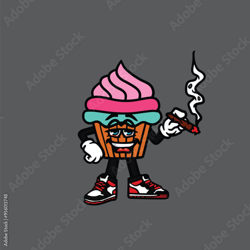 food smoking character gelato cartoon mascot logo leaf face happy with holding nug