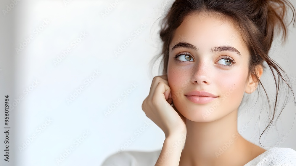 Elegant Model Gazing Sideways in Bright Airy Studio Setting Elegant Model Gazing Sideways in Bright Airy Studio Setting