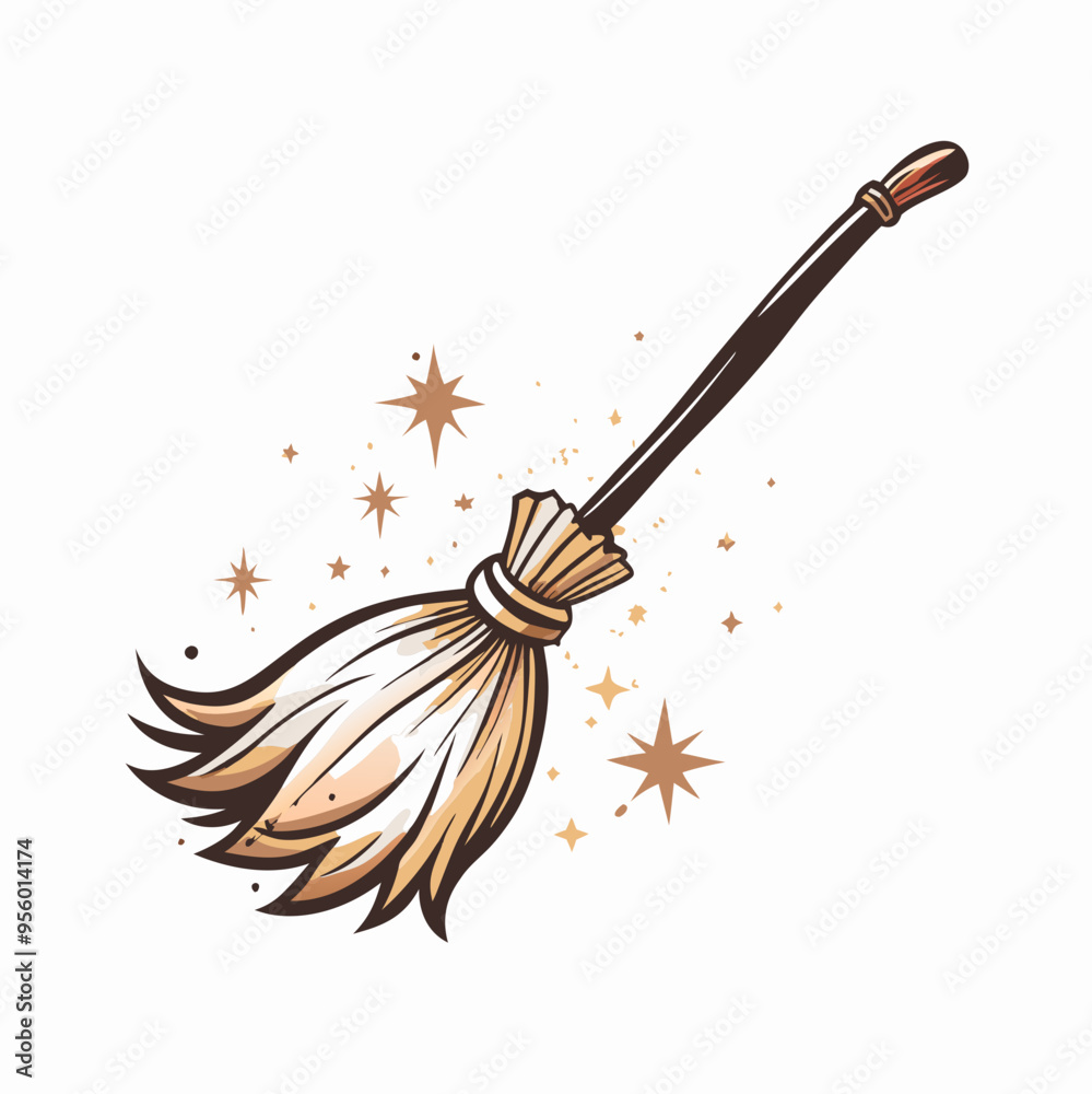 Magical Witch's Broomstick with Sparkling Stars in Whimsical Style