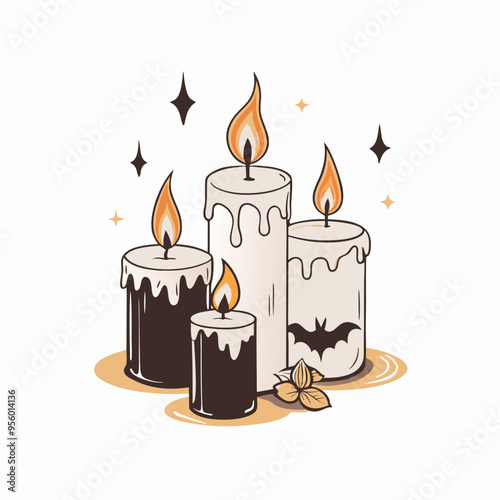 Spooky Halloween Candles with Melting Wax and Bat Silhouette in Warm Colors