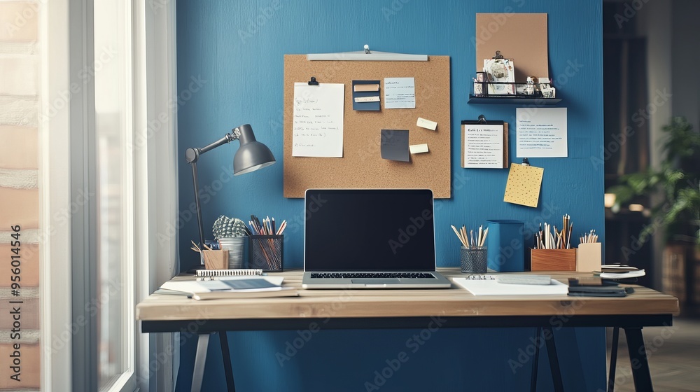 A creative desk in a home office setting, featuring a laptop, a notice board, and a blue accent wall. The desk is adorned with various office supplies and personal touches, creating a welcoming and i A creative desk in a home office setting, featuring a laptop, a notice board, and a blue accent wall. The desk is adorned with various office supplies and personal touches, creating a welcoming and i
