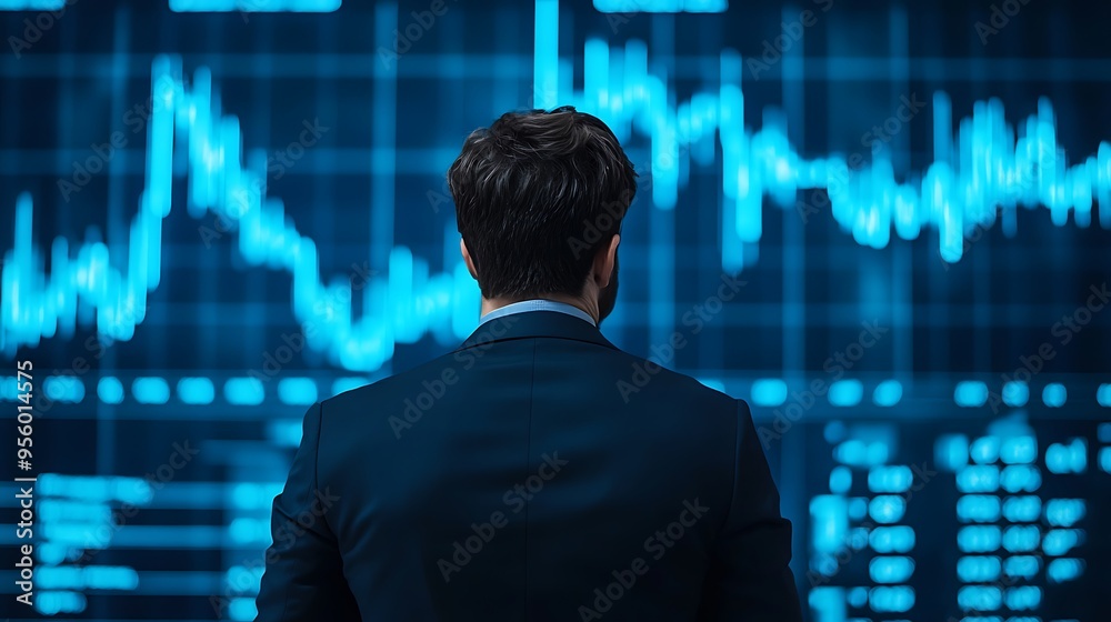 Businessman Looking at Stock Market Data - Illustration Businessman Looking at Stock Market Data - Illustration