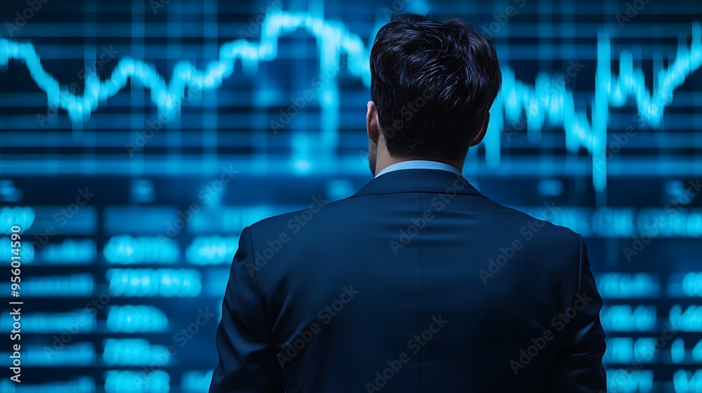 Businessman Looking at Financial Data on a Blue Screen - Realistic Image Businessman Looking at Financial Data on a Blue Screen - Realistic Image