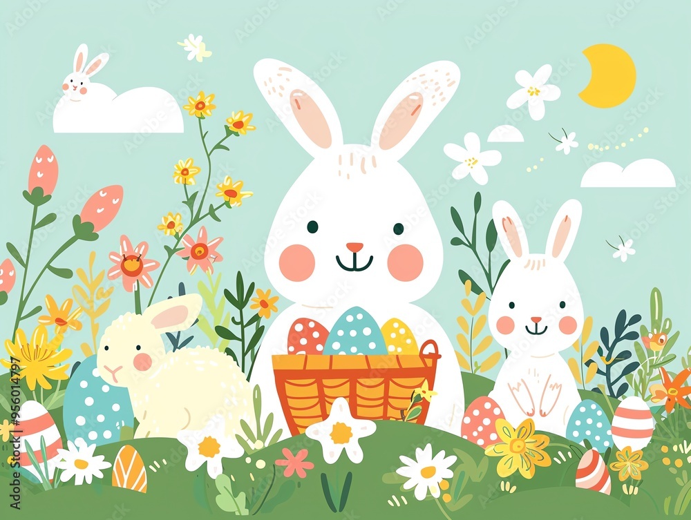 Easter bunnies, Easter baskets, colorful eggs, chicks, Easter flowers, cute lambs, flat design illustration