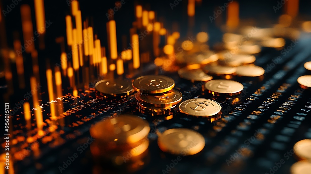 Golden Coins on a Black Circuit Board with Orange Glowing Lines - 3D Illustration