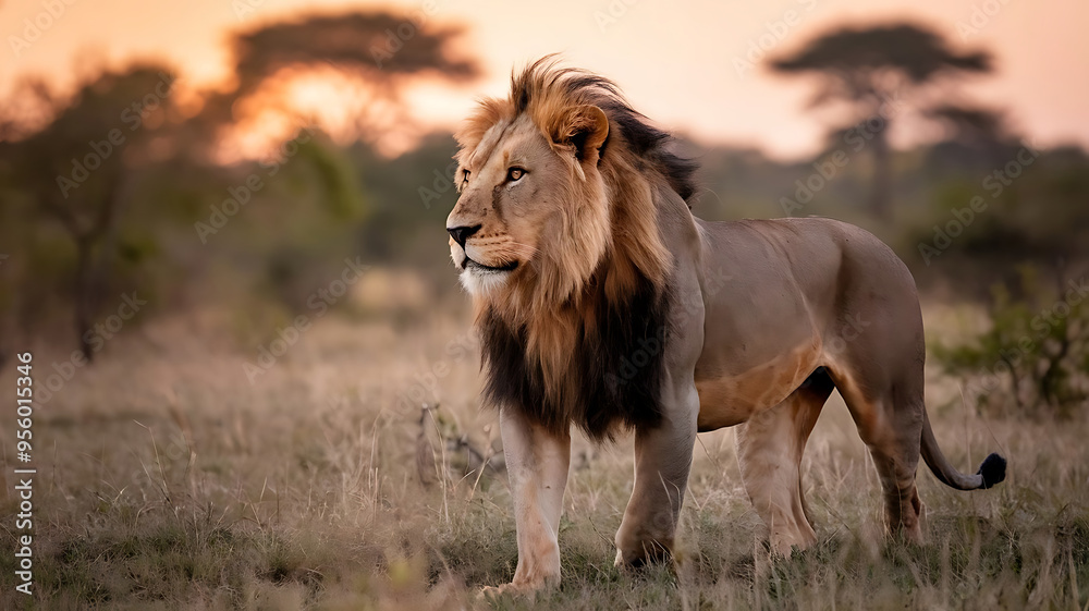 Obraz premium A lion standing in the grass with the sun setting behind him illustration, Generative AI