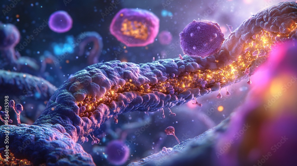 Abstract Microscopic Cell Structure with Glowing Particles Abstract Microscopic Cell Structure with Glowing Particles