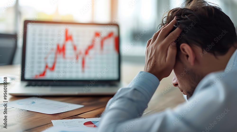 Man in Business Attire Feeling Stressed and Overwhelmed by Data on Laptop Screen - Realistic Photo Man in Business Attire Feeling Stressed and Overwhelmed by Data on Laptop Screen - Realistic Photo