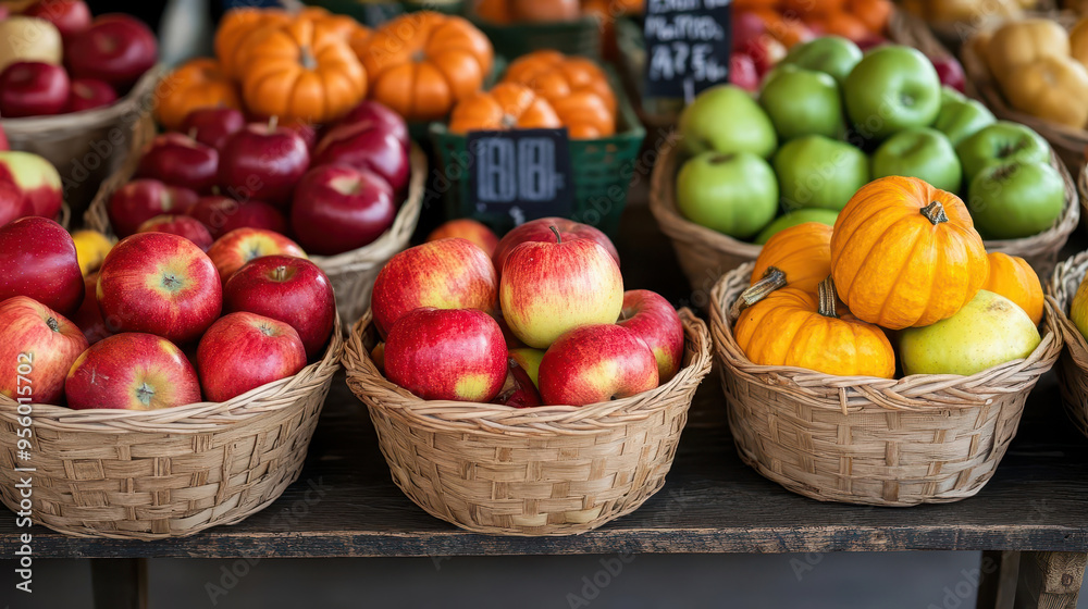 A farmer's market stall with baskets of apples, pumpkins, and squash, farmer's market, apples, pumpkins A farmer's market stall with baskets of apples, pumpkins, and squash, farmer's market, apples, pumpkins