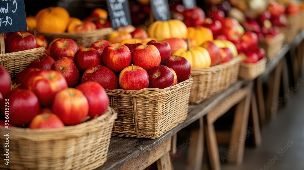 A farmer's market stall with baskets of apples, pumpkins, and squash, farmer's market, apples, pumpkins A farmer's market stall with baskets of apples, pumpkins, and squash, farmer's market, apples, pumpkins