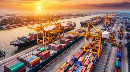 Bustling international shipping port at sunset containers being loaded with precision highlighting the global logistics network. photo