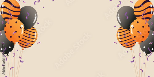 Halloween balloon banner. White, black and orange balloons frame design. Happy Halloween banner or party invitation background.