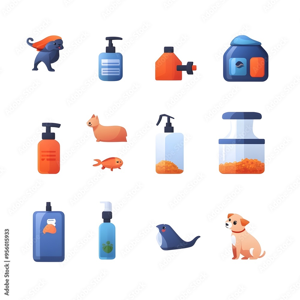 Obraz premium Flat Gradient Icons for Animal Care Products with Pet Shampoo Collar and Food Bowl