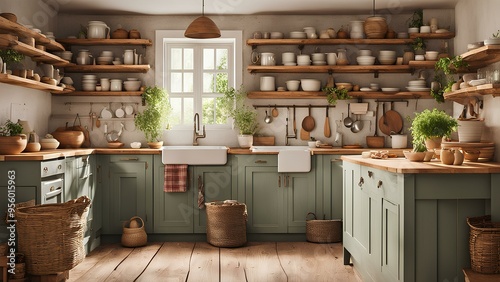 Cottagecore kitchen interior design, charming kitchen that radiates warmth and simplicity