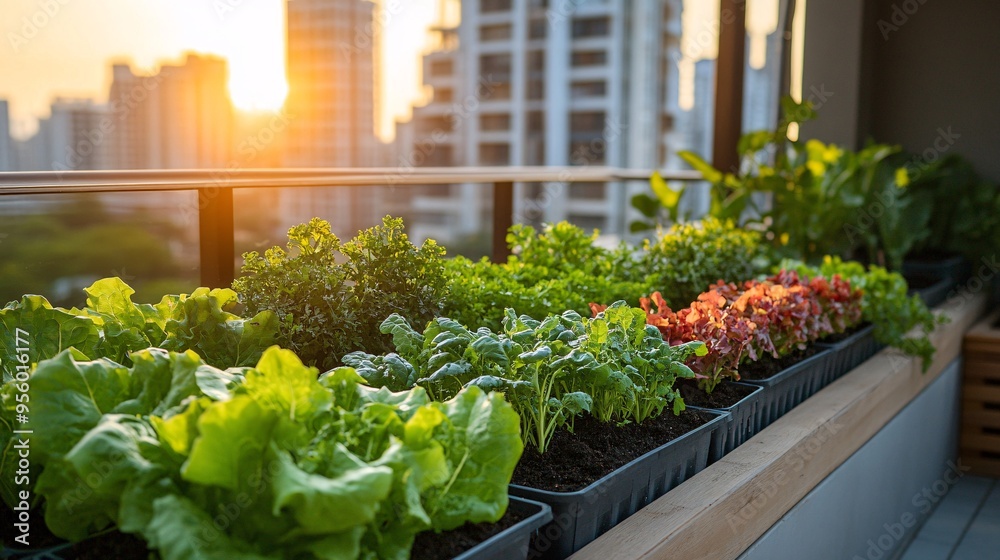 Rooftop garden in a metropolitan city with rows of leafy greens and vegetables thriving in planters city skyline visible in the background highlighting the potential for sustainable urban agriculture Rooftop garden in a metropolitan city with rows of leafy greens and vegetables thriving in planters city skyline visible in the background highlighting the potential for sustainable urban agriculture