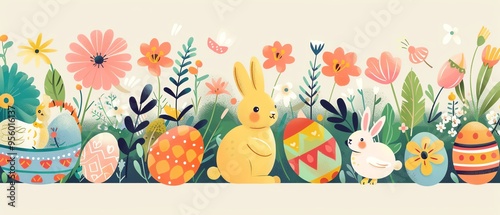 Easter flowers, colorful eggs, Easter bunnies, Easter baskets, chicks, cute lambs, flat design illustration
