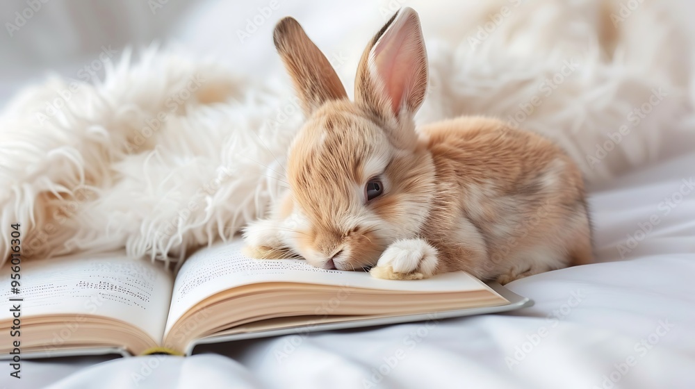 A lovely baby bunny cuddling up with a book is adorable A lovely baby bunny cuddling up with a book is adorable