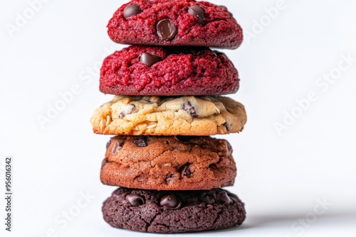A stack of soft cookies in various flavours including chocolate chip and red velvet. photo